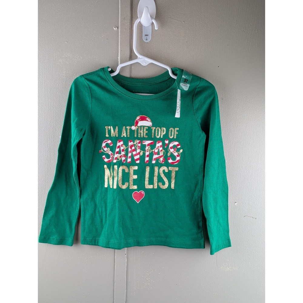 The Childrens Place Girls Green Santas Nice List Long Sleeve Graphic Tee 3T